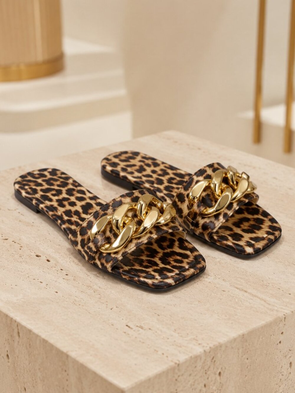 Women’s Leopard Print Gold Chain Slide Sandals Square Toe Flats NWT